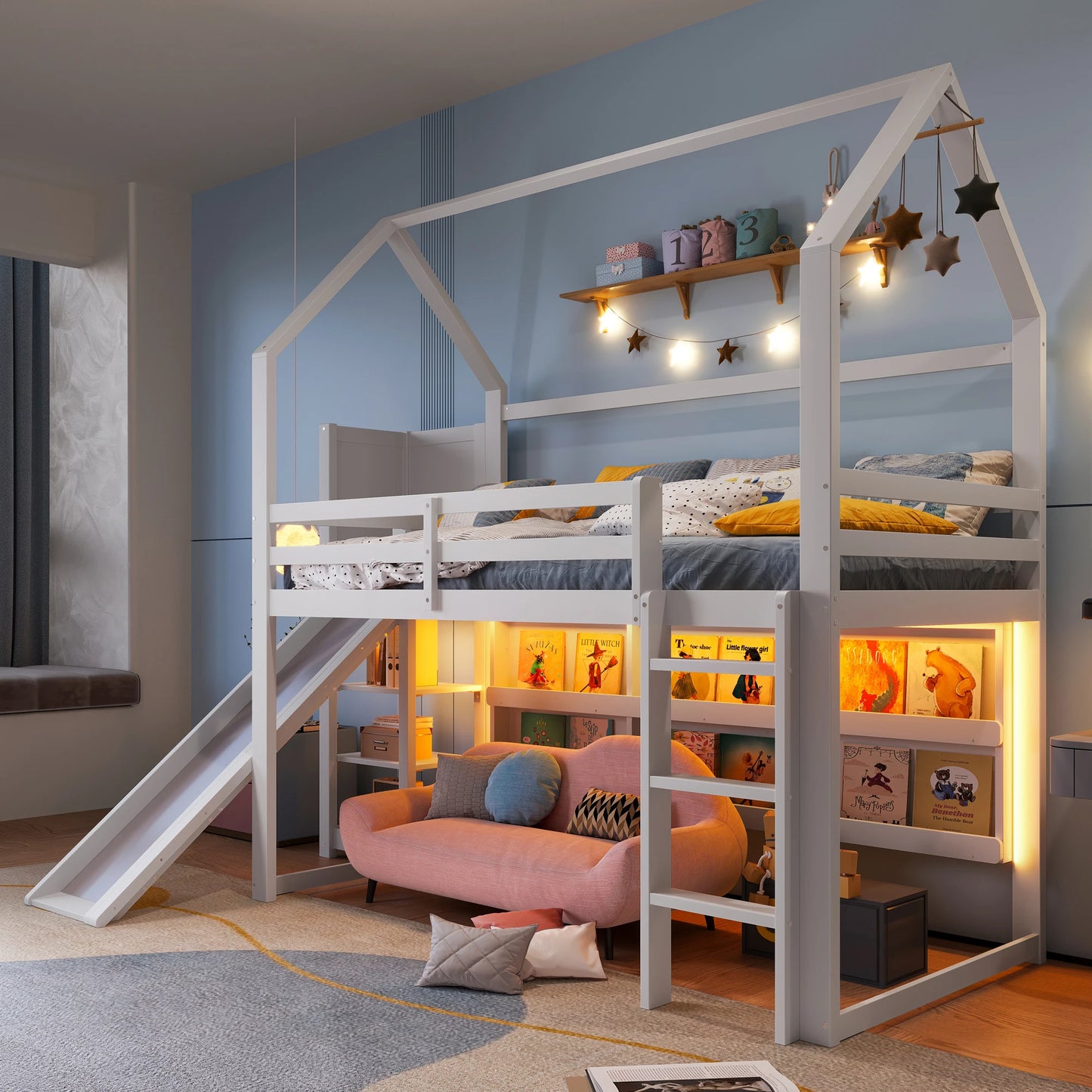 Lit mezzanine enfants avec toboggan et rangements simple SULLY - 90x200cm