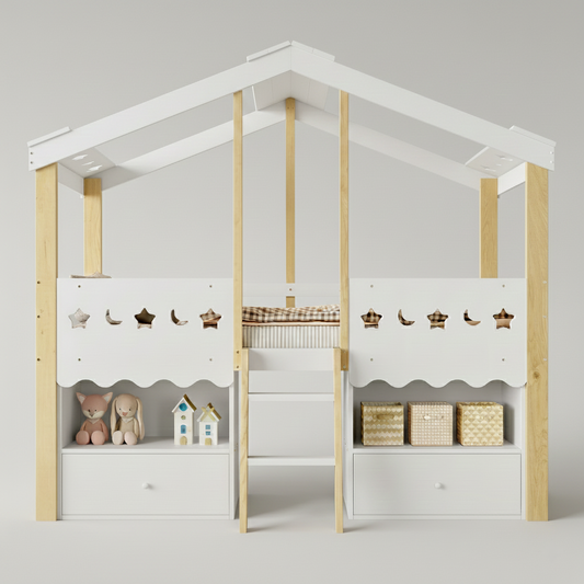 Lit cabane enfants simple avec leds et rangements ZÉLIA - 90x200cm
