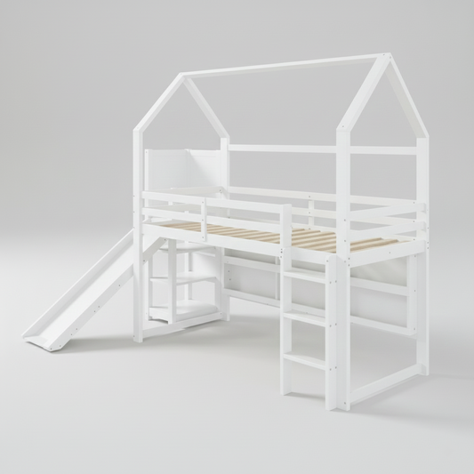 Lit mezzanine enfants avec toboggan et rangements simple SULLY - 90x200cm
