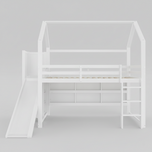 Lit mezzanine enfants avec toboggan et rangements simple SULLY - 90x200cm