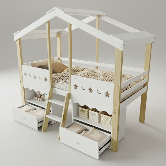 Lit cabane enfants simple avec leds et rangements ZÉLIA - 90x200cm